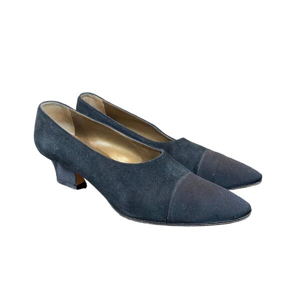 VTG Yves Saint Laurent YSL Cap Toe Kitten Heels Satin Suede Pumps Women's 9 - Picture 1 of 11